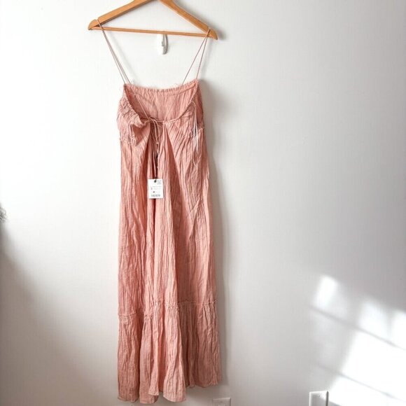 Zara ZW Ramie Blend Wrinkled Tiered Midi Dress Light Rose Pink NWT Size Small - Picture 8 of 9